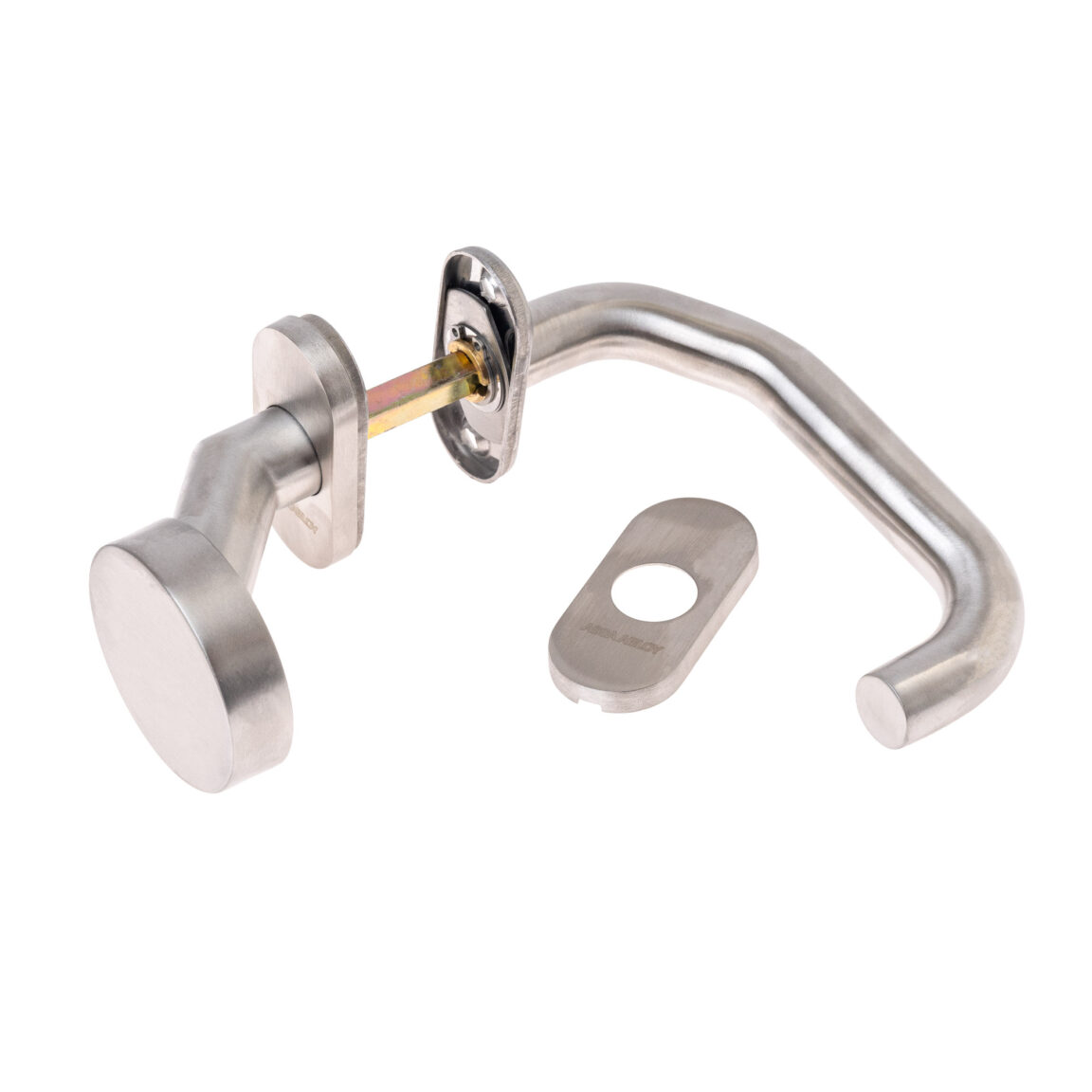 Set mânere din inox model U "folded"/ buton fix cu rozete ovale, dreapta, inox satinat, ASSA ABLOY AHW600FK00/R