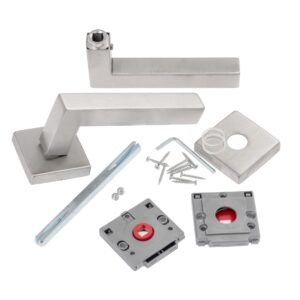 Set mânere ușă, rectangular 19mm, mască bază pătrat, inox, Comunello Berlino RQ